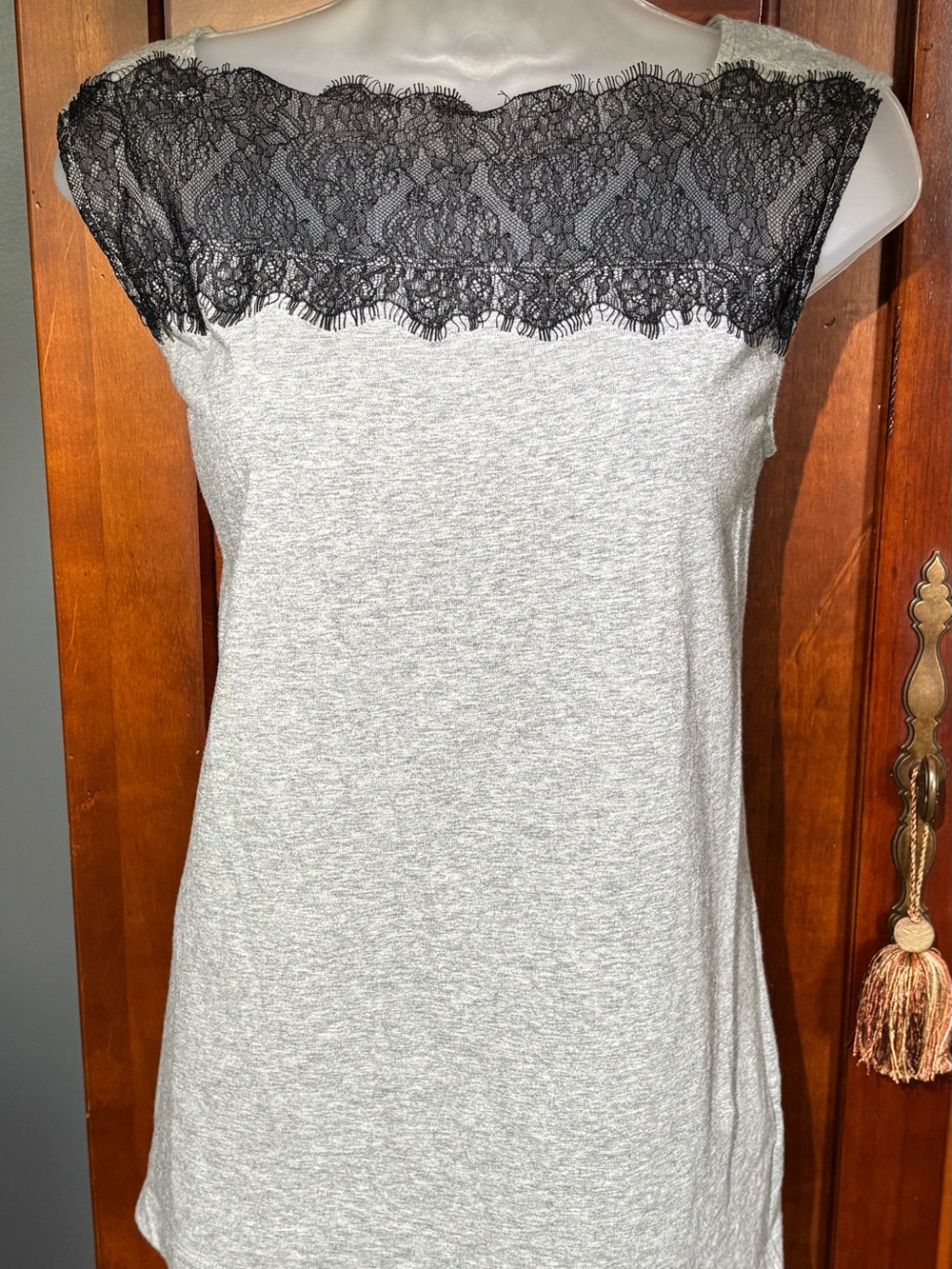 CAbi Grey Knit Tank with Black Lace Trim